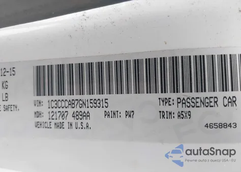 2016 Chrysler 200 Limited z USA, uszkodzony, nr VIN 1C3CCCAB7GN159315